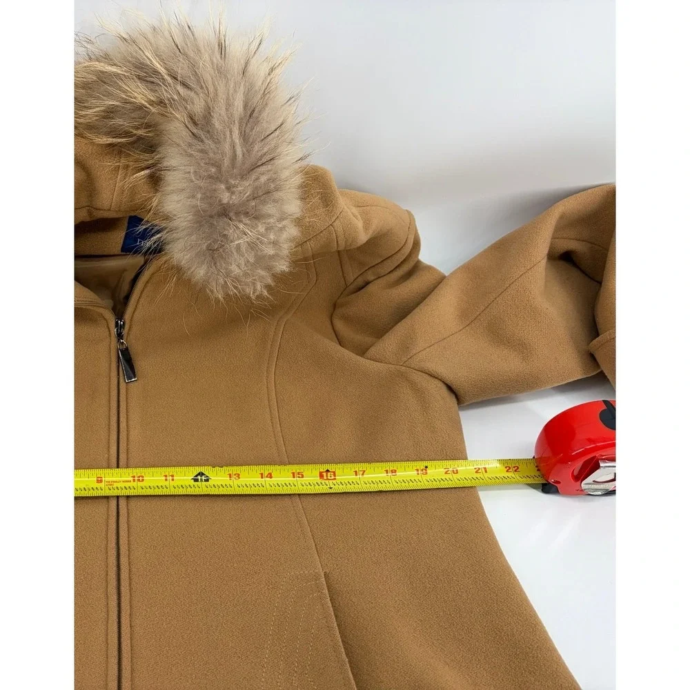 VTG Mackintosh Camel Wool Coat Hooded 100% Raccoon‎ Fur Full Zip Warm Coat 16